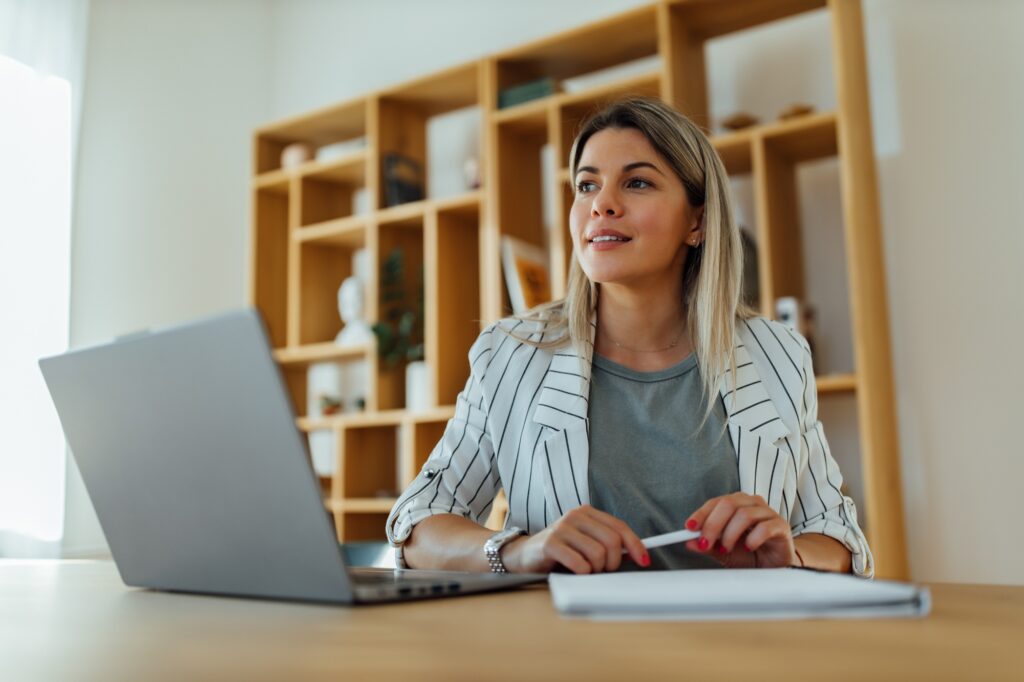 Pleased smile, work from home office.